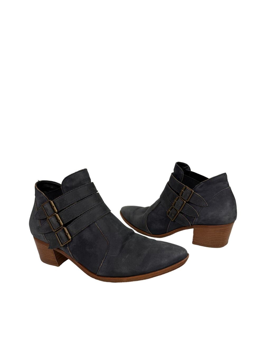 MODERN VICE NYC Made Blue Suede Triple Buckle Pointed Toe Chloe Booties Size 38